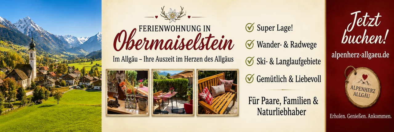 Banner mit Landschaft und Kirche sowie Inforamtionen zur Ferienwohnung in Obermaiselstein